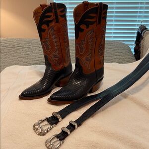 Lucchese Men's Dark Navy Lizard and Brown Cowboy Boots